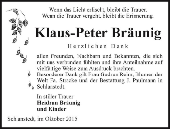 Traueranzeige von Klaus-Peter Bräunig  von Magdeburger Volksstimme