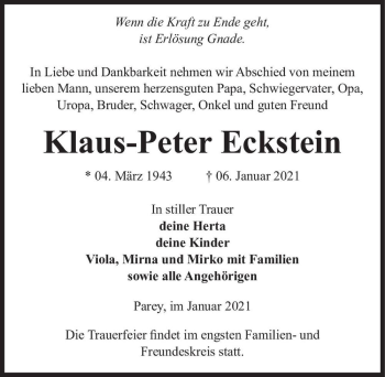 Traueranzeige von Klaus-Peter Eckstein  von Magdeburger Volksstimme