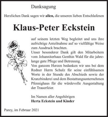 Traueranzeige von Klaus-Peter Eckstein  von Magdeburger Volksstimme