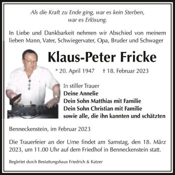 Traueranzeige von Klaus-Peter Fricke  von Magdeburger Volksstimme