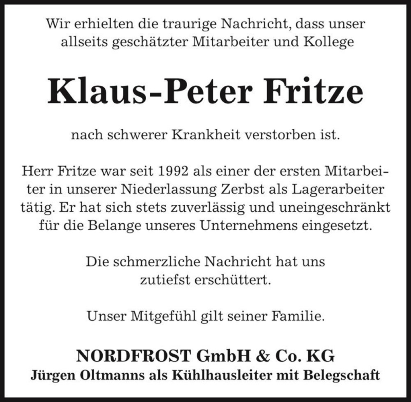  Traueranzeige für Klaus-Peter Fritze  vom 13.02.2016 aus Magdeburger Volksstimme