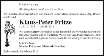 Traueranzeige von Klaus-Peter Fritze  von Magdeburger Volksstimme