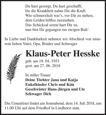 Traueranzeige von Klaus-Peter Hesske  von Magdeburger Volksstimme