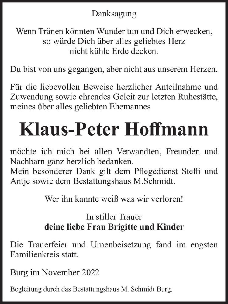  Traueranzeige für Klaus-Peter Hoffmann  vom 19.11.2022 aus Magdeburger Volksstimme