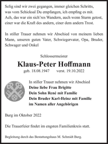 Traueranzeige von Klaus-Peter Hoffmann  von Magdeburger Volksstimme