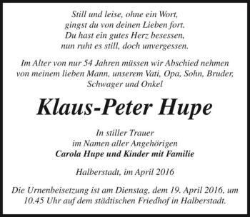 Traueranzeige von Klaus-Peter Hupe  von Magdeburger Volksstimme