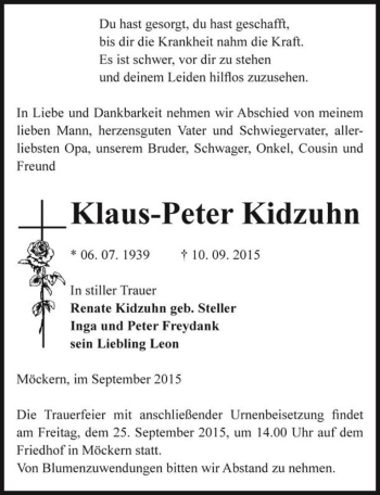Traueranzeige von Klaus-Peter Kidzuhn  von Magdeburger Volksstimme