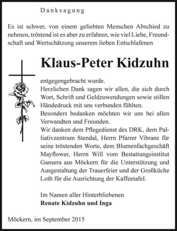Traueranzeige von Klaus-Peter Kidzuhn  von Magdeburger Volksstimme