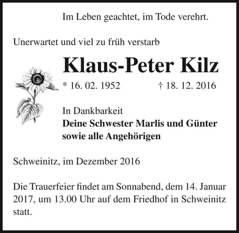  Traueranzeige für Klaus-Peter Kilz  vom 31.12.2016 aus Magdeburger Volksstimme