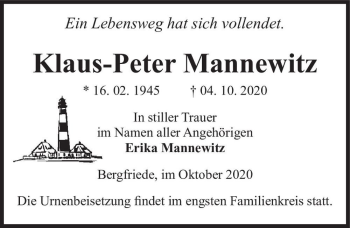 Traueranzeige von Klaus-Peter Mannewitz  von Magdeburger Volksstimme