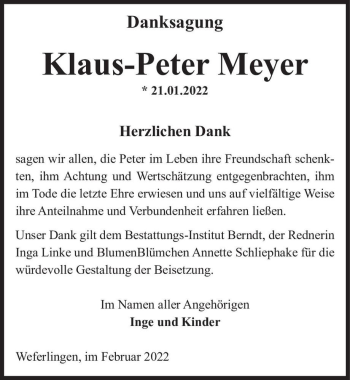 Traueranzeige von Klaus-Peter Meyer  von Magdeburger Volksstimme