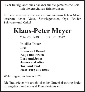 Traueranzeige von Klaus-Peter Meyer  von Magdeburger Volksstimme