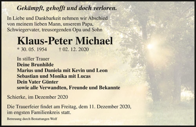  Traueranzeige für Klaus-Peter Michael  vom 05.12.2020 aus Magdeburger Volksstimme