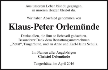 Traueranzeige von Klaus-Peter Orlemünde  von Magdeburger Volksstimme
