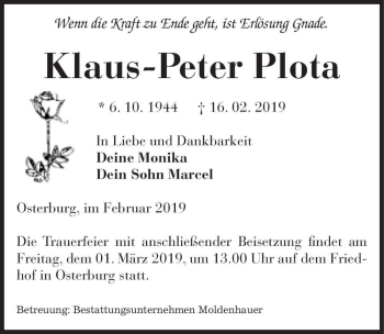 Traueranzeige von Klaus-Peter Plota  von Magdeburger Volksstimme