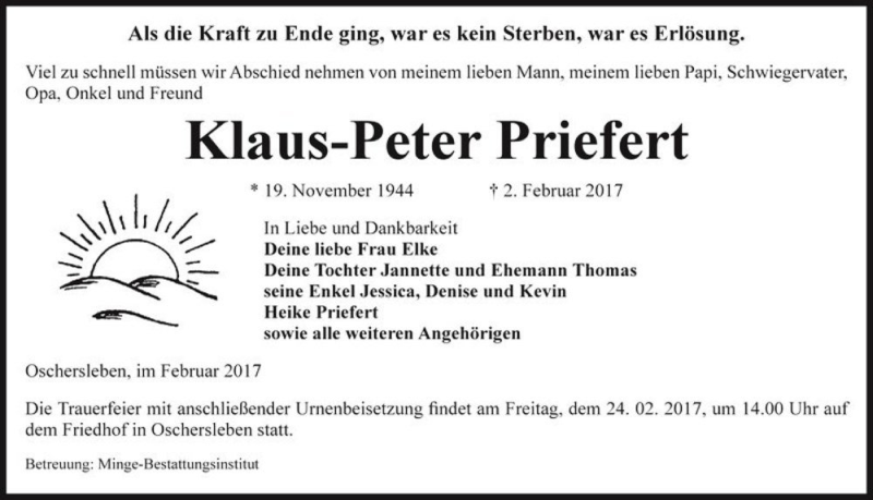  Traueranzeige für Klaus-Peter Priefert  vom 10.02.2017 aus Magdeburger Volksstimme