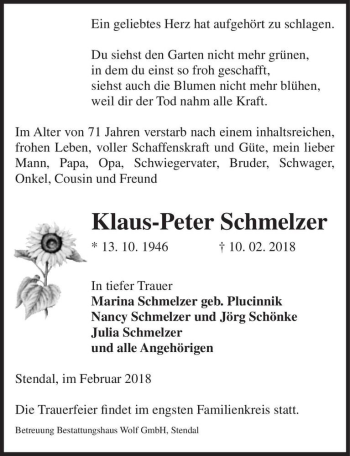 Traueranzeige von Klaus-Peter Schmelzer  von Magdeburger Volksstimme