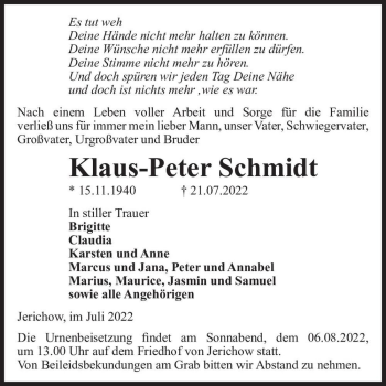 Traueranzeige von Klaus-Peter Schmidt  von Magdeburger Volksstimme