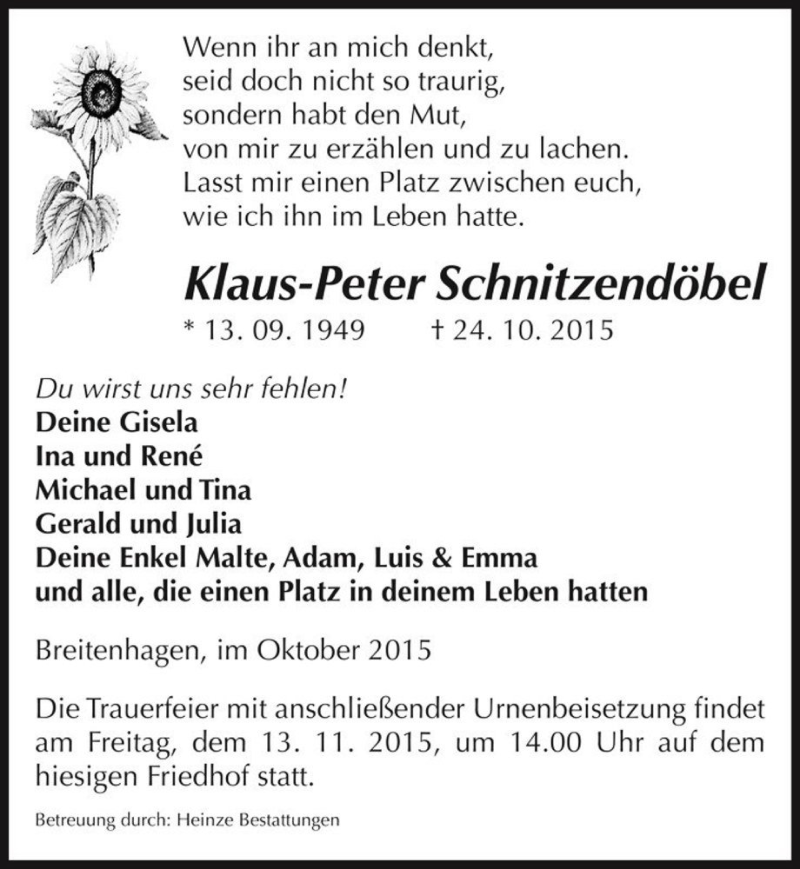  Traueranzeige für Klaus-Peter Schnitzendöbel  vom 30.10.2015 aus Magdeburger Volksstimme