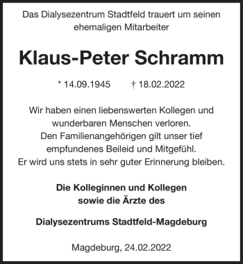 Traueranzeige von Klaus-Peter Schramm  von Magdeburger Volksstimme