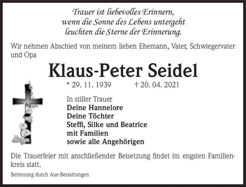  Traueranzeige für Klaus-Peter Seidel  vom 08.05.2021 aus Magdeburger Volksstimme