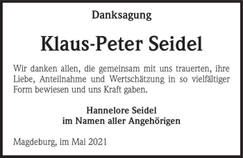Traueranzeige von Klaus-Peter Seidel  von Magdeburger Volksstimme