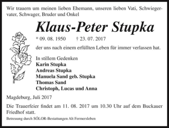 Traueranzeige von Klaus-Peter Stupka  von Magdeburger Volksstimme
