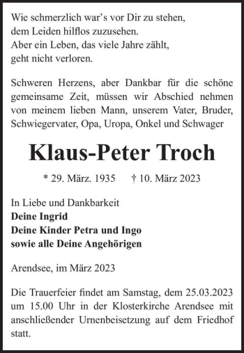 Traueranzeige von Klaus-Peter Troch  von Magdeburger Volksstimme