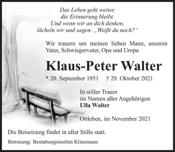 Traueranzeige von Klaus-Peter Walter  von Magdeburger Volksstimme