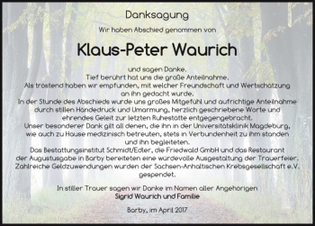 Traueranzeige von Klaus-Peter Waurich  von Magdeburger Volksstimme