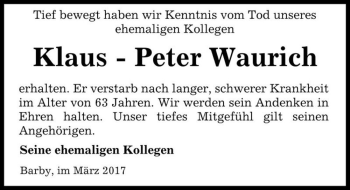 Traueranzeige von Klaus-Peter Waurich  von Magdeburger Volksstimme