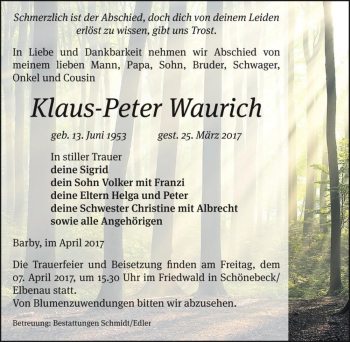 Traueranzeige von Klaus-Peter Waurich  von Magdeburger Volksstimme