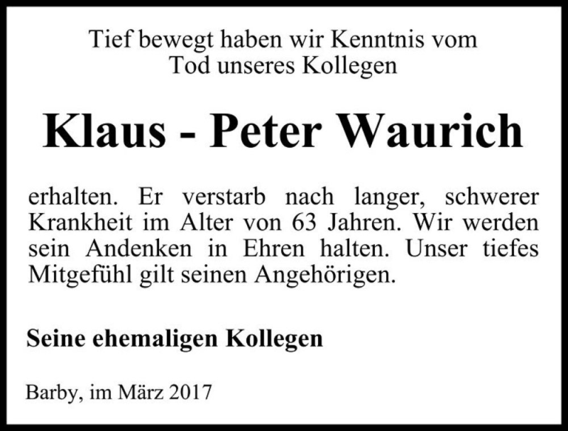  Traueranzeige für Klaus-Peter Waurich  vom 08.04.2017 aus Magdeburger Volksstimme