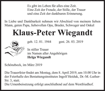 Traueranzeige von Klaus-Peter Wiegandt  von Magdeburger Volksstimme
