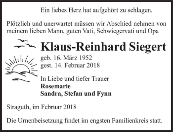 Traueranzeige von Klaus-Reinhard Siegert  von Magdeburger Volksstimme