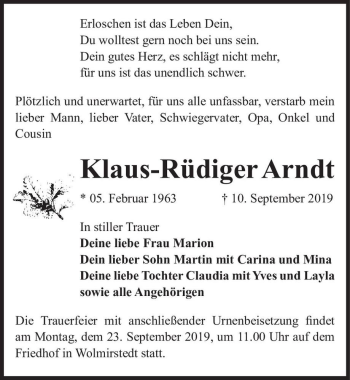 Traueranzeige von Klaus-Rüdiger Arndt  von Magdeburger Volksstimme