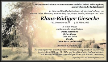Traueranzeige von Klaus-Rüdiger Giesecke  von Magdeburger Volksstimme
