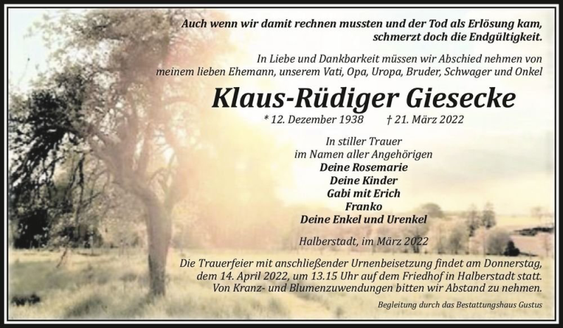  Traueranzeige für Klaus-Rüdiger Giesecke  vom 26.03.2022 aus Magdeburger Volksstimme