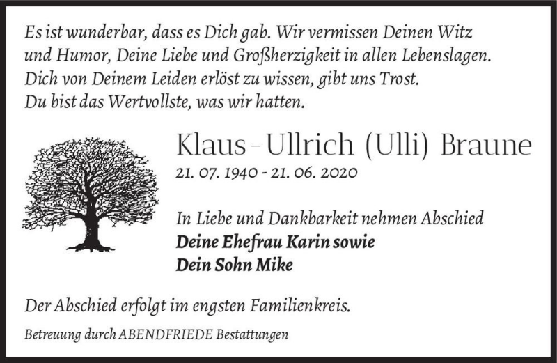 Traueranzeige für Klaus-Ullrich (Ulli) Braune  vom 27.06.2020 aus Magdeburger Volksstimme