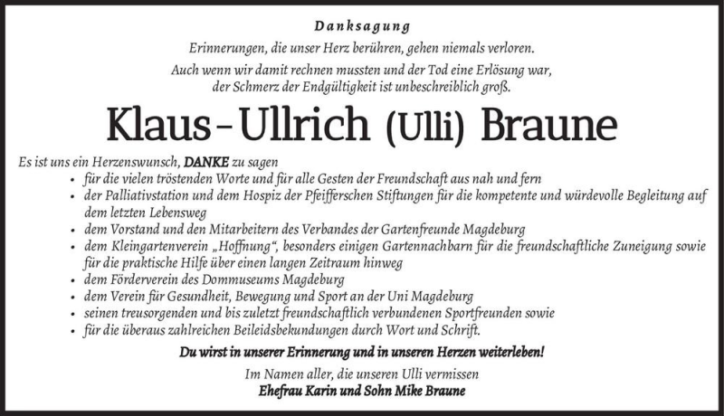  Traueranzeige für Klaus-Ullrich Braune  vom 18.07.2020 aus Magdeburger Volksstimme