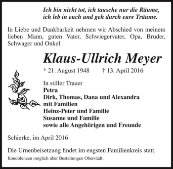 Traueranzeige von Klaus-Ullrich Meyer  von Magdeburger Volksstimme