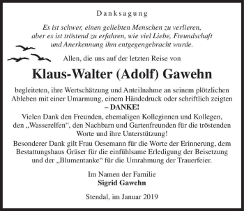 Traueranzeige von Klaus-Walter (Adolf) Gawehn  von Magdeburger Volksstimme