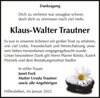 Traueranzeige von Klaus-Walter Trautner  von Magdeburger Volksstimme
