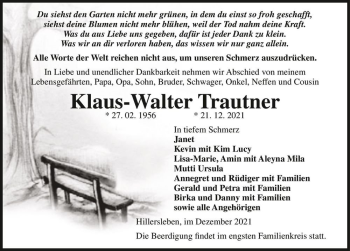 Traueranzeige von Klaus-Walter Trautner  von Magdeburger Volksstimme