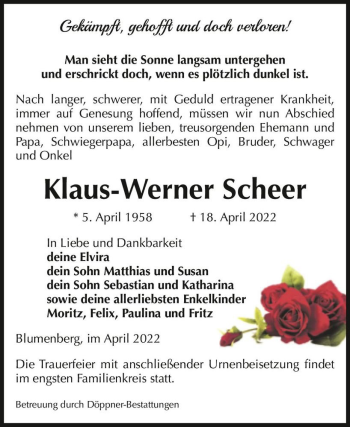 Traueranzeige von Klaus-Werner Scheer  von Magdeburger Volksstimme