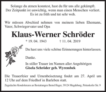 Traueranzeige von Klaus-Werner Schröder  von Magdeburger Volksstimme