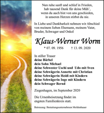 Traueranzeige von Klaus-Werner Worm  von Magdeburger Volksstimme