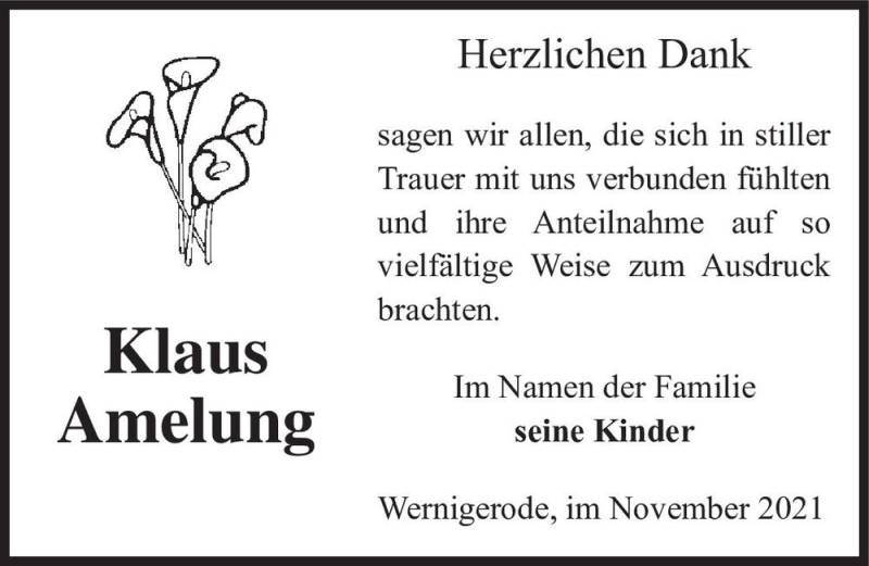  Traueranzeige für Klaus Amelung  vom 20.11.2021 aus Magdeburger Volksstimme