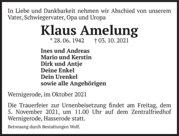 Traueranzeige von Klaus Amelung  von Magdeburger Volksstimme