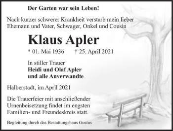 Traueranzeige von Klaus Apler  von Magdeburger Volksstimme